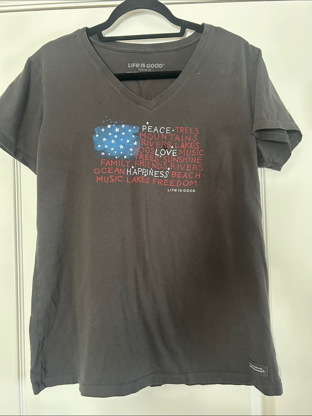 Life Is Good Charcoal V-Neck Tee with Red & Blue Patriotic Word-Art